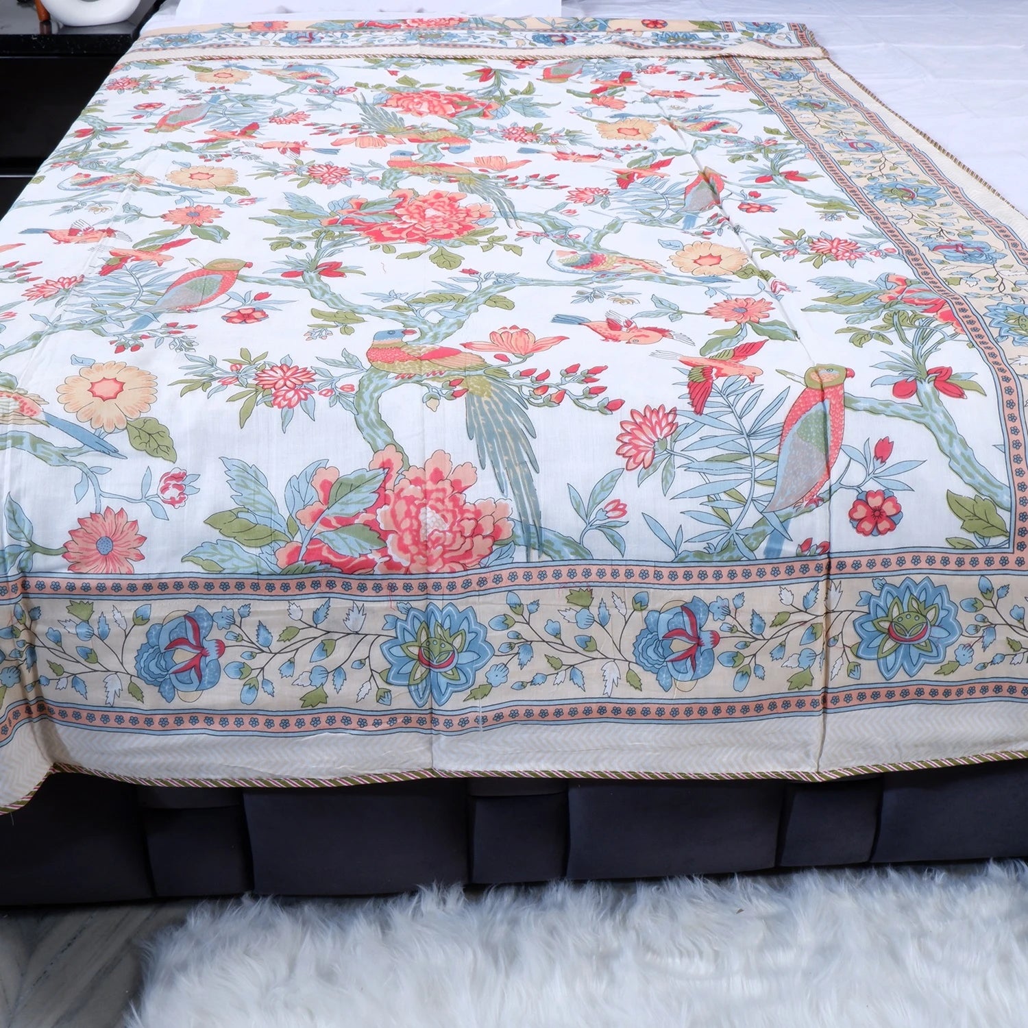 Beautiful Jaipuri 100% cotton dohar blanket online with vibrant floral and bird patterns